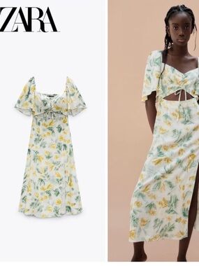ZARA White Linen-Blend Midi Dress with Yellow & Green Floral Print Size S